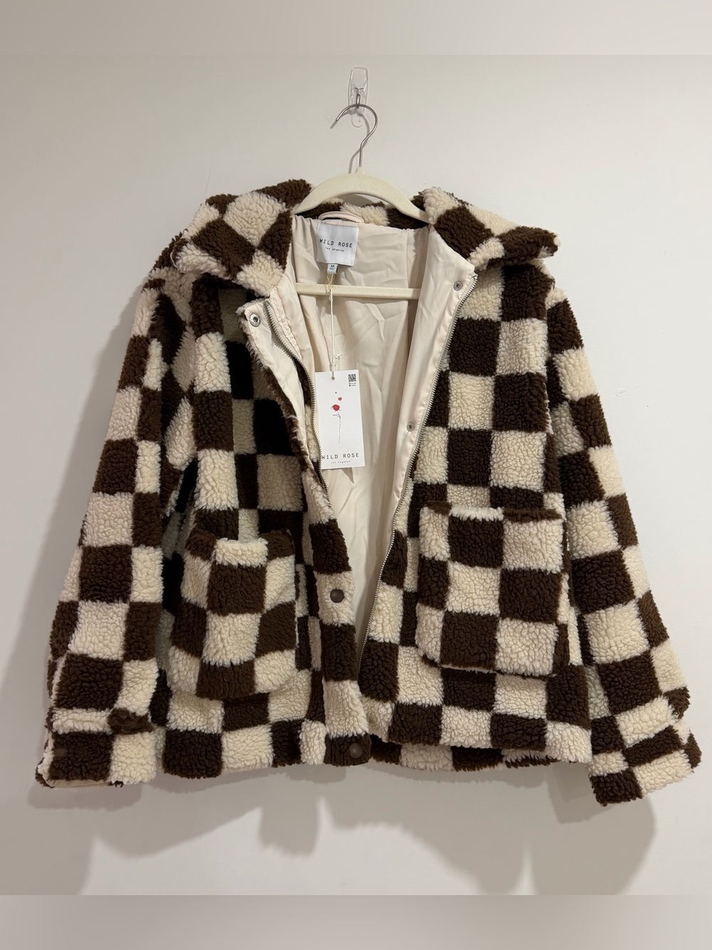 Wild Rose Checkered Sherpa Jacket - Cream & Brown